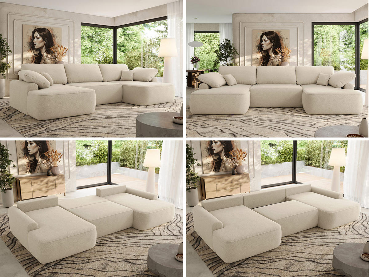 WOHNLANDSCHAFT CUBO U Beige Boucle - Beige/Schwarz, Kunststoff/Textil (370/100/187cm) - MKS