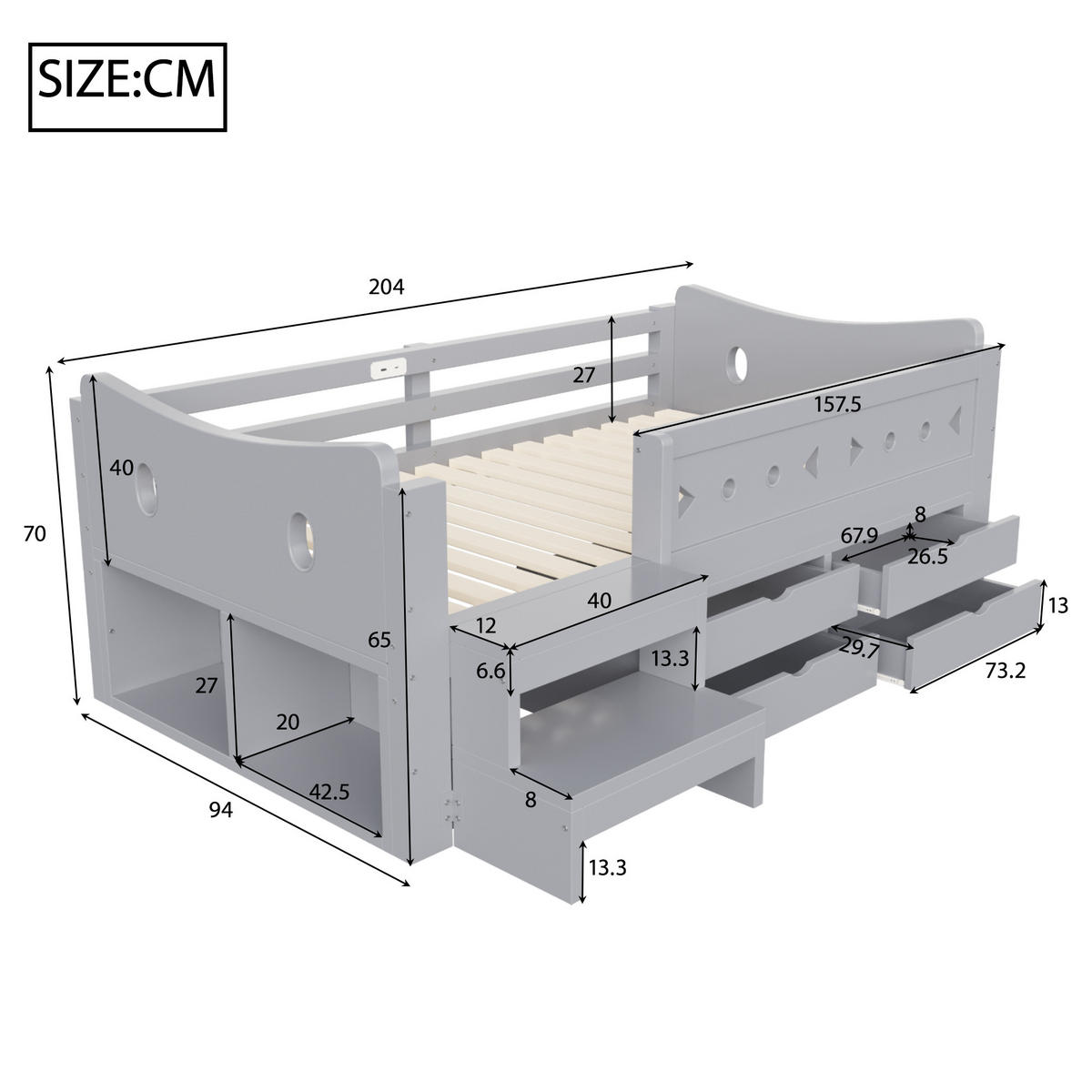 STAURAUMBETT 90/200 cm mit LED und 4 Schubladen, DE-41634, in Grau - Grau, Holzwerkstoff (90/200cm) - ComfortXL