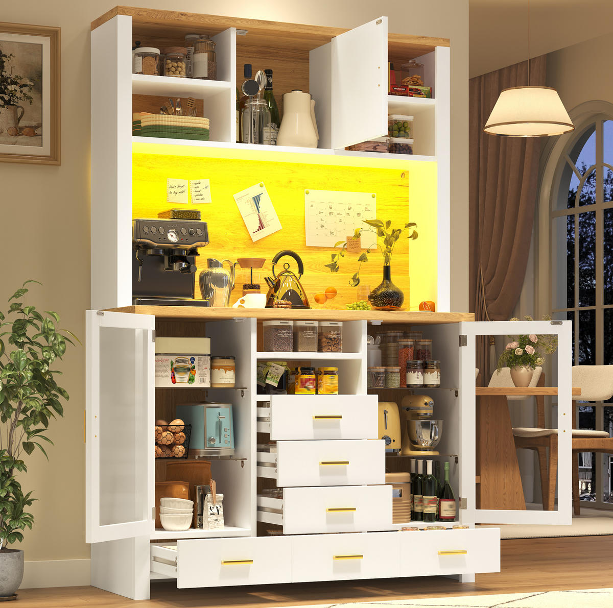 BUFFET 120/40/188 cm in Weiß mit Holzdekor und LED-Beleuchtung - Weiß, Holzwerkstoff (120/188/40cm) - Flora Grace