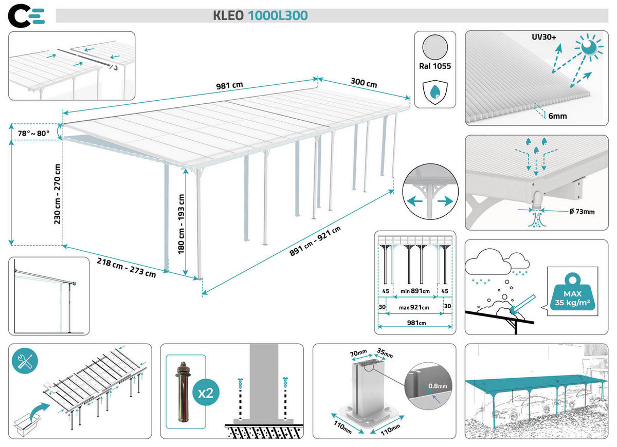 PERGOLA / CARPORT Kleo Weiß 10m x 3m - Weiß, Metall (990/270/300cm) - Cazeboo