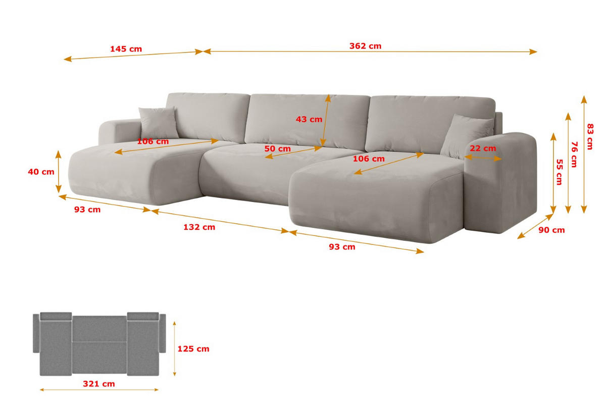 WOHNLANDSCHAFT mit Schlaffunktion und Bettkasten ORRO-U - 362x145x83 cm Hellbraun Velours - Hellbraun/Schwarz, Holzwerkstoff/Kunststoff (362/83/145cm) - ALTDECOR