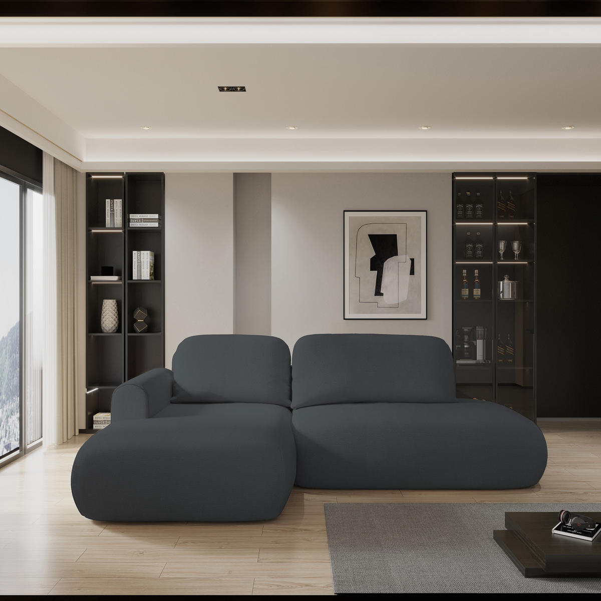 ECKSOFA NUVIRA L-S Graphitfarben Geflochtener Stoff mit Schlaffunktion - Graphitfarben, Holz (279/158cm) - MASSENO