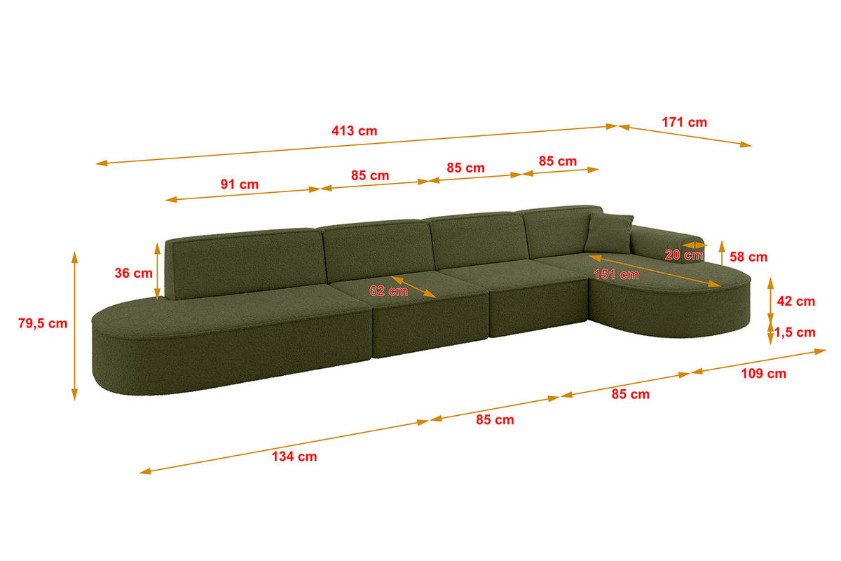 ECKSOFA Ottomane Rechts MARI-L3 - 413x171x79 cm Grün Bouclé - Schwarz/Grün, Holzwerkstoff/Kunststoff (171/413cm) - ALTDECOR