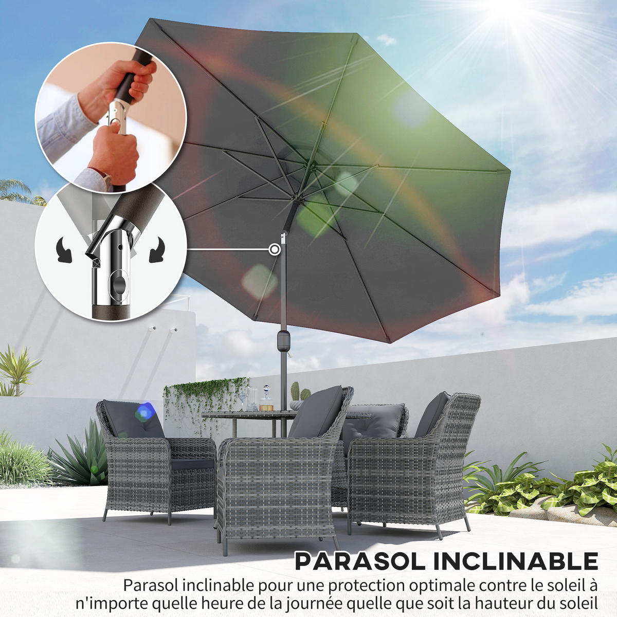 SONNENSCHIRM DE-11357 neigbar, mit Kurbel, Ø 3 m Grau - Dunkelgrau, Metall (295/295cm) - ComfortXL