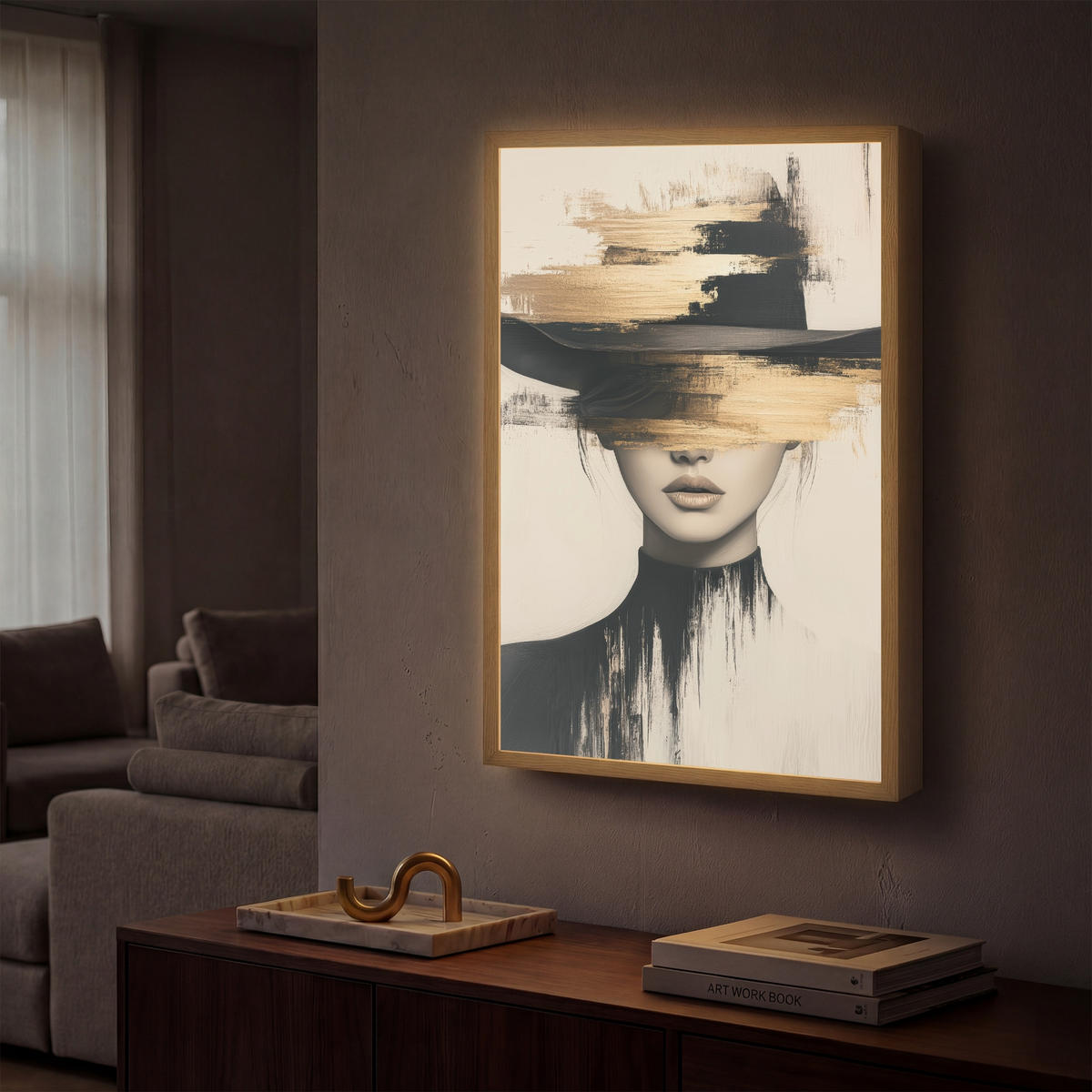 NÁSTĚNNÁ LAMPA S AKUMULÁTOREM Žena - klobouk - barva 40x60 cm - krémová, kompozitní dřevo (40/60/8cm) - OnlyWow
