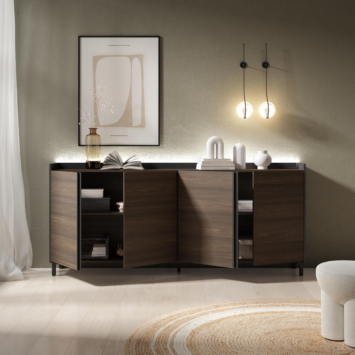 SIDEBOARD, Dunkler Eiche und Schwarz, 207/35/91cm, mit Beinen - Dunkelbraun, Holzwerkstoff (207/91/35cm) - Skraut Home