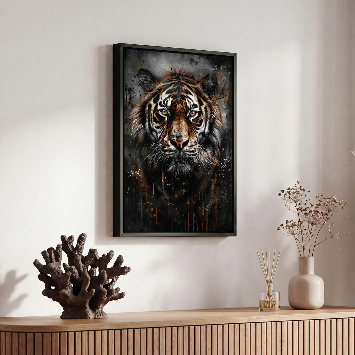 LEINWAND Bilder mit Rahmen - Tiger - Tiere - Porträt - Luxus - Schwarz - 20x30 - Braun, Textil (20/30cm) - MuchoWow