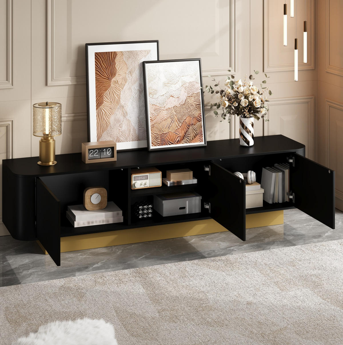 TV-LOWBOARD mit Stauraum 170 x 40,5 x 47 cm MDF/PB Black 3 Türen - Schwarz, Holzwerkstoff (40.5/47/170cm) - Beauniv