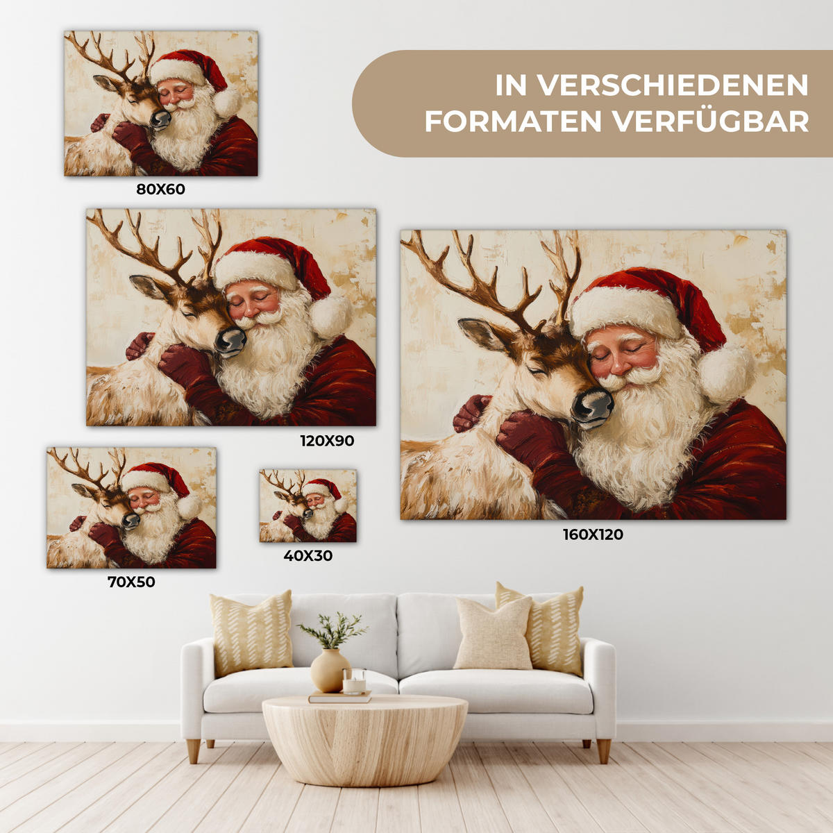 LEINWANDBILD Weihnachtsmann - Rentier - Weihnachten Wandbilder 80x60 cm - Rotbraun, Textil (80/60cm) - MuchoWow