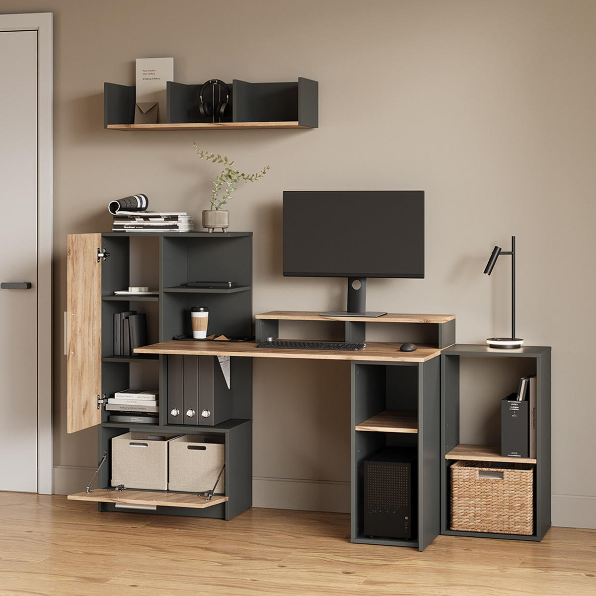 MONITORSTÄNDER Lorena Anthrazit/Goldkraft Eiche 80 x 12 cm - Anthrazit, Holzwerkstoff (23.5/80/12cm) - Livinity®