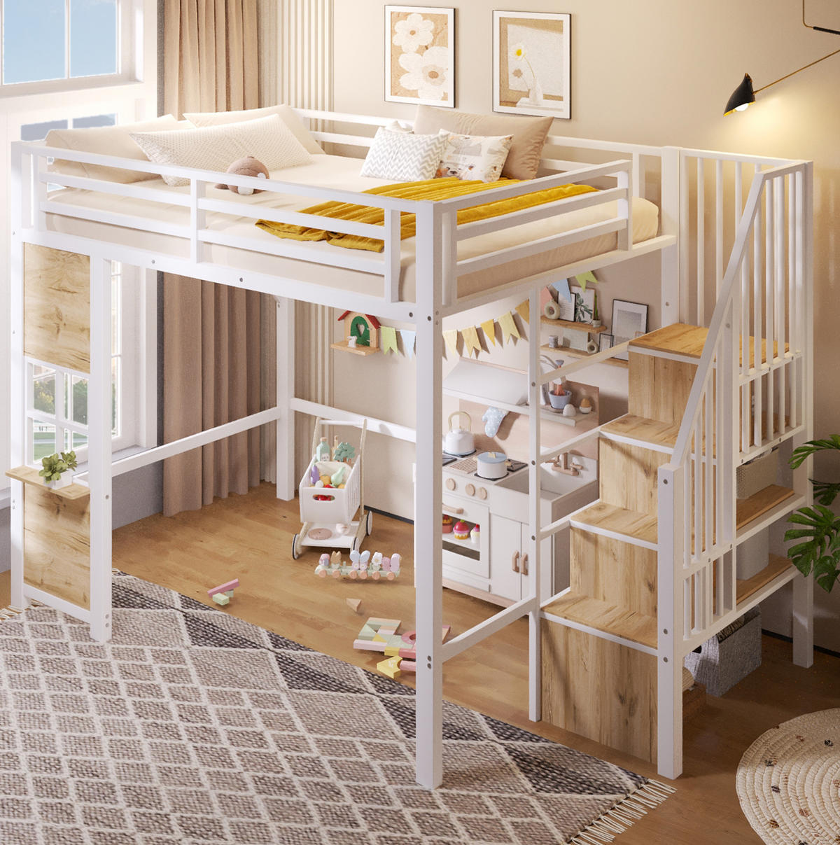 HOCHBETT 140/200 cm aus Metall und MDF mit Stauraumleiter, Weiß - Weiß, Holzwerkstoff (140/200cm) - OKMYHOME