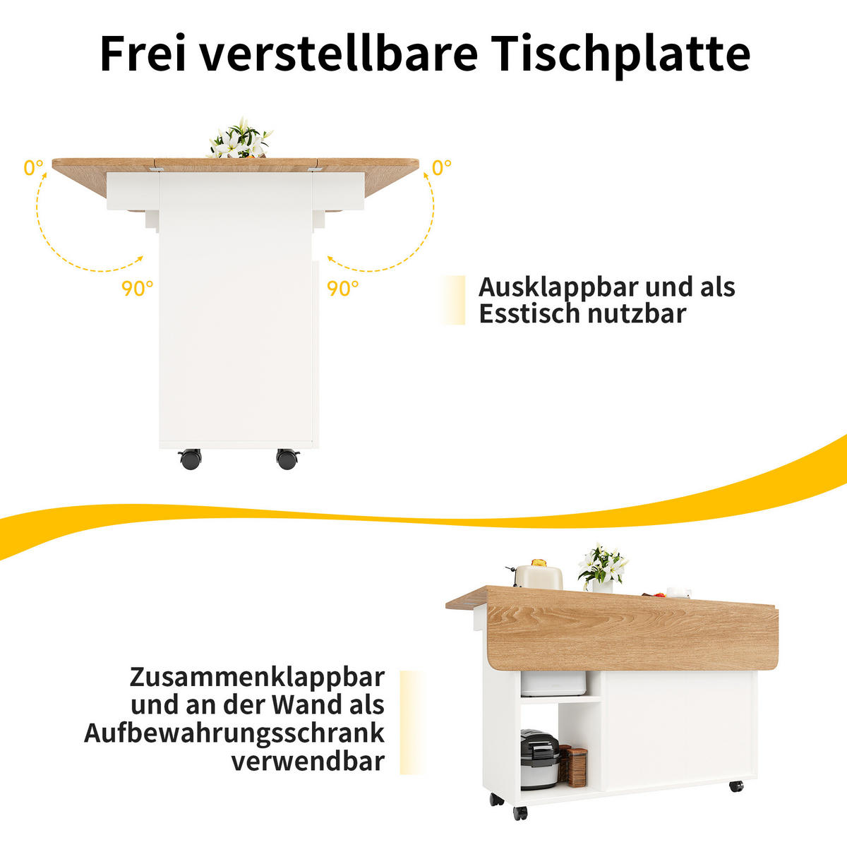 KÜCHENINSEL 120/30/79,5 cm in Weiß mit klappbarer Tischplatte und Rollen - Weiß, Holzwerkstoff (120/79.5/70cm) - Flora Grace
