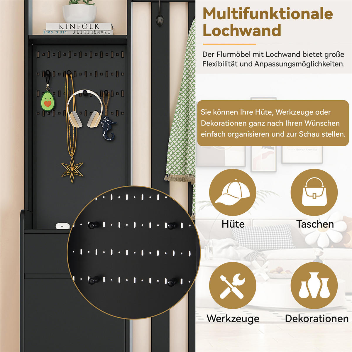 GARDEROBE 100/180/35 cm Schuhbank Haken Stecktafel Schwarz - Schwarz, Holz (35/180/100cm) - Kaket