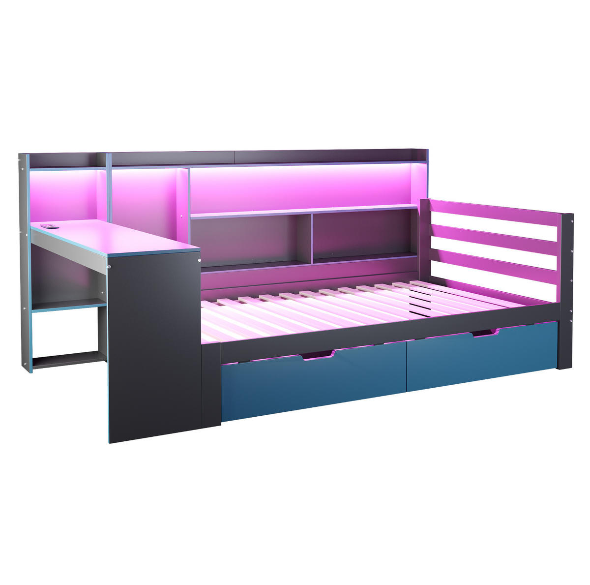 POLSTERBETT 90/200 cm mit Schreibtisch, Regalen, LED und USB-Steckdosen, Schwarz/Blau - Schwarz, Holzwerkstoff (90/200cm) - Redom