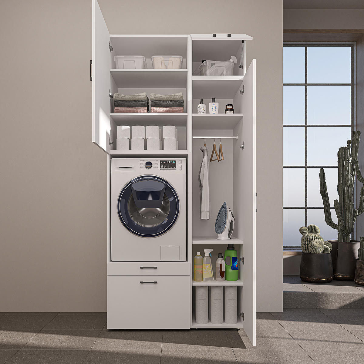 WASCHMASCHINENSCHRANK Serie 2 112cm Breit, 240cm Hoch - Weiß, Holzwerkstoff (112/240/67cm)