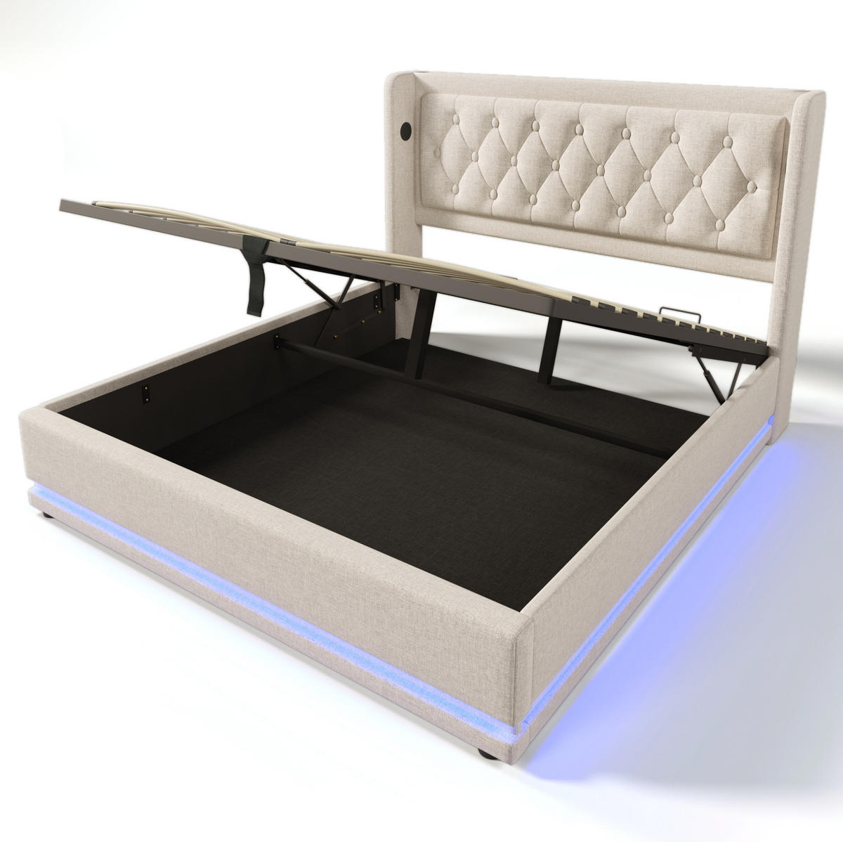 POLSTERBETT mit Stauraum, USB & LED 140x200 cm Beige Baumwolle mit Matratze - Beige, Metall (140/200cm) - Meubliv