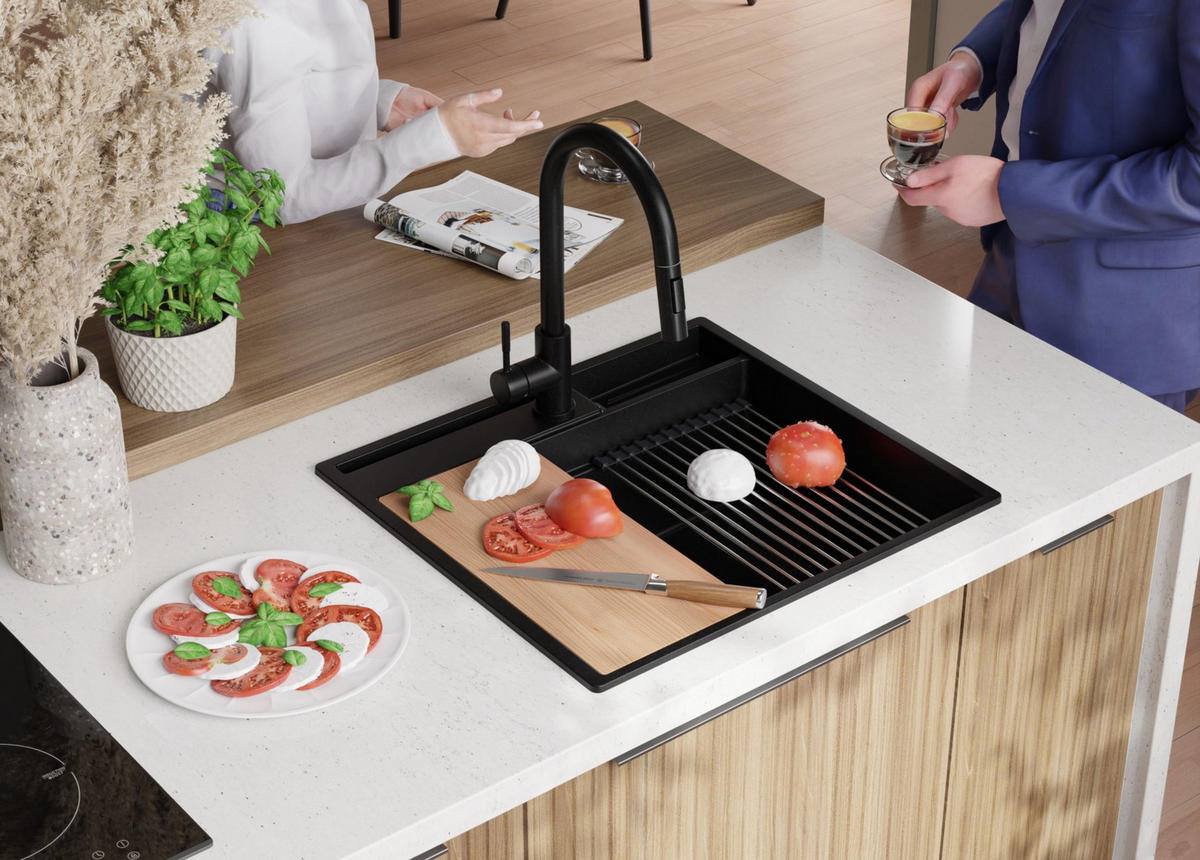 GRANITSPÜLE Oslo Pocket, 2-er set Alles Schwarz 58/53 cm 1 Becken + Küchenarmatur 32/20 cm + Ablauf-Set + Küchenzubehörset ab 60er Unterschrank - Beige/Schwarz, Kunststoff (58/20/53cm) - Primagran