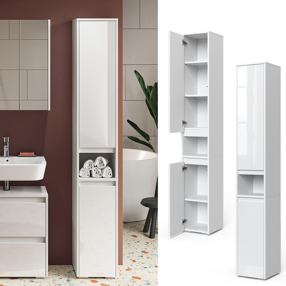 BADSCHRANK Majest Weiß 30.2 x 191.5 cm mit Türen und offenem Fach - Weiß, Holzwerkstoff (30.2/191.5/30cm) - Vicco