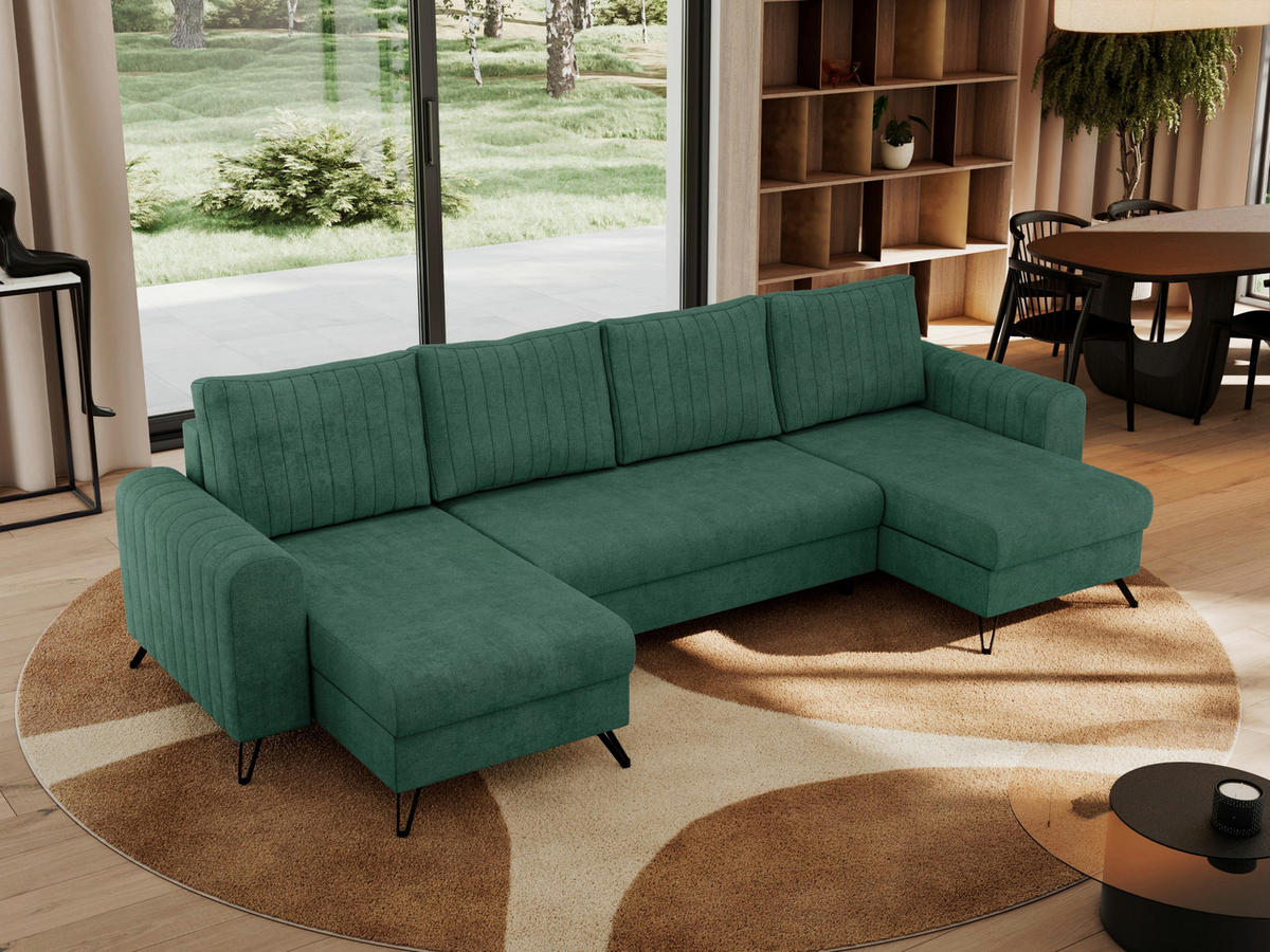 WOHNLANDSCHAFT AXEL U Struktur Grün - Schwarz/Grün, Textil/Metall (312/90/140cm) - MKS