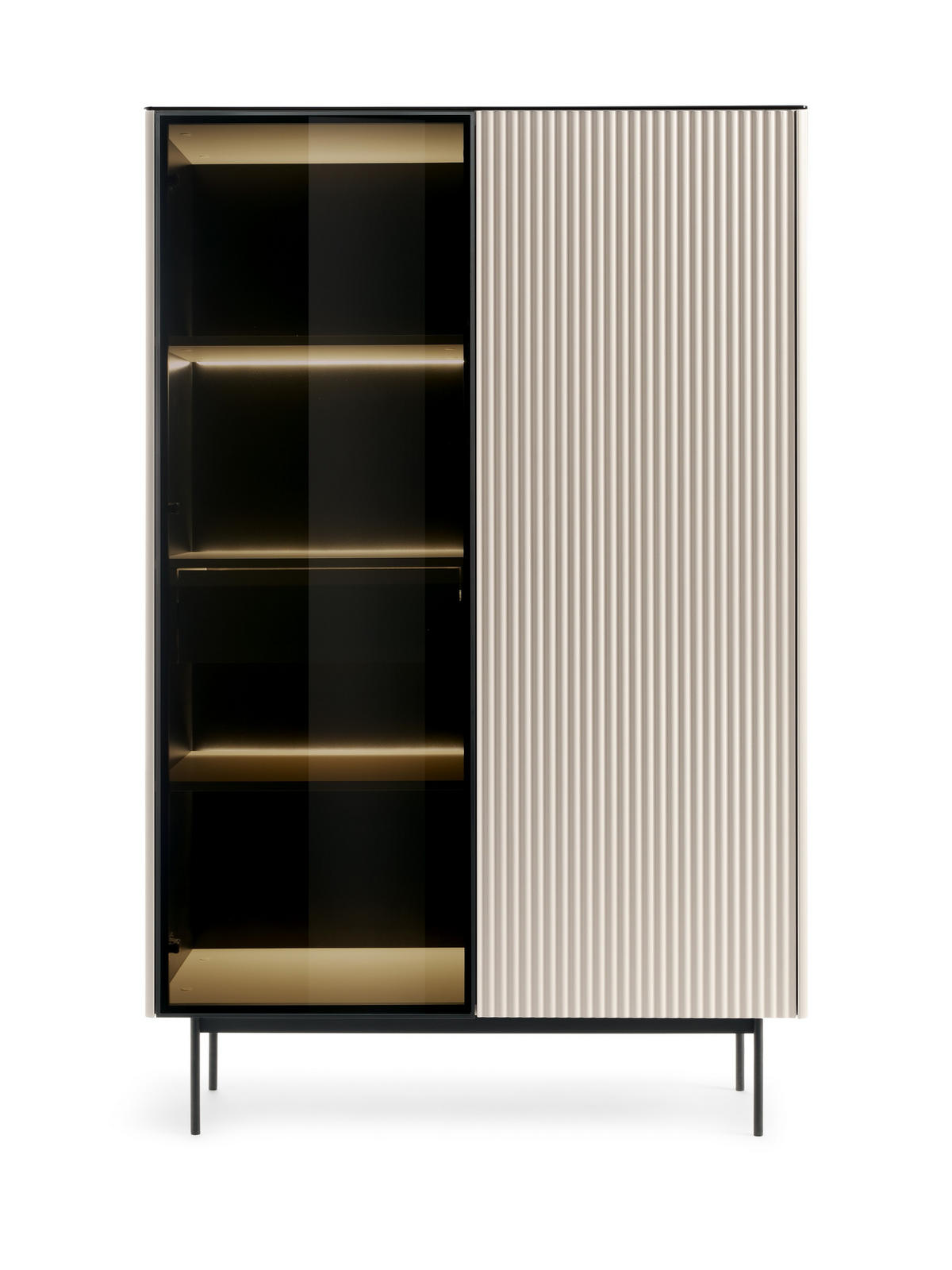 VITRINE Rita Kaschmir, Hochschrank mit LED Beleuchtung und Glasfront - Kaschmir/Schwarz, Holzwerkstoff (107/163/39cm) - Bettso