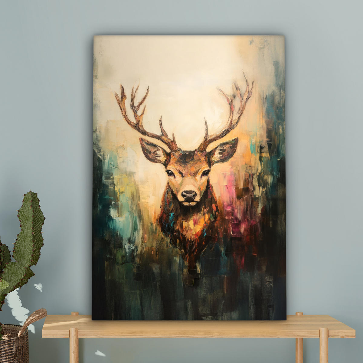 LEINWANDBILD Hirsch - Gemalt - Geweih - Braun 60x90 cm - Haselnussfarben, Textil (60/90cm) - MuchoWow