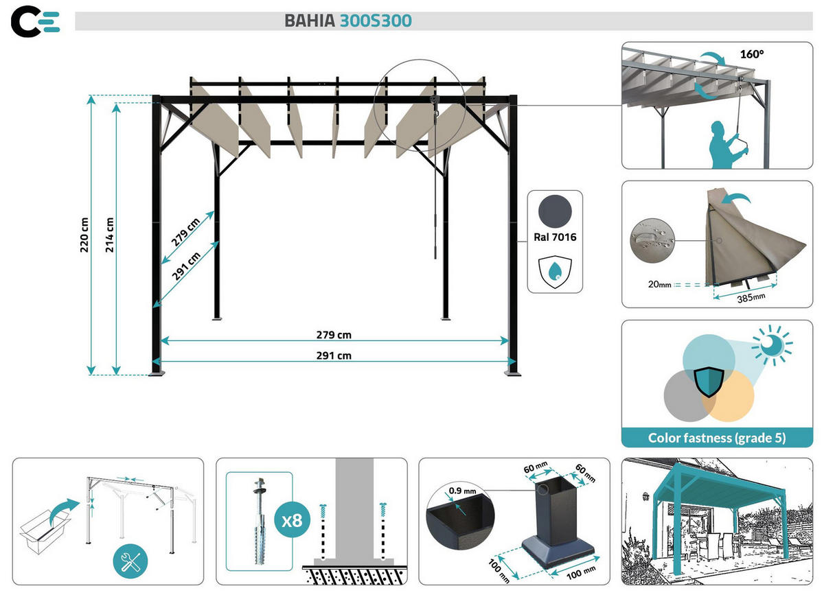 PERGOLA FREISTEHEND Bahia Beige 3m x 3m - Beige, Metall (291/220/291cm) - Cazeboo