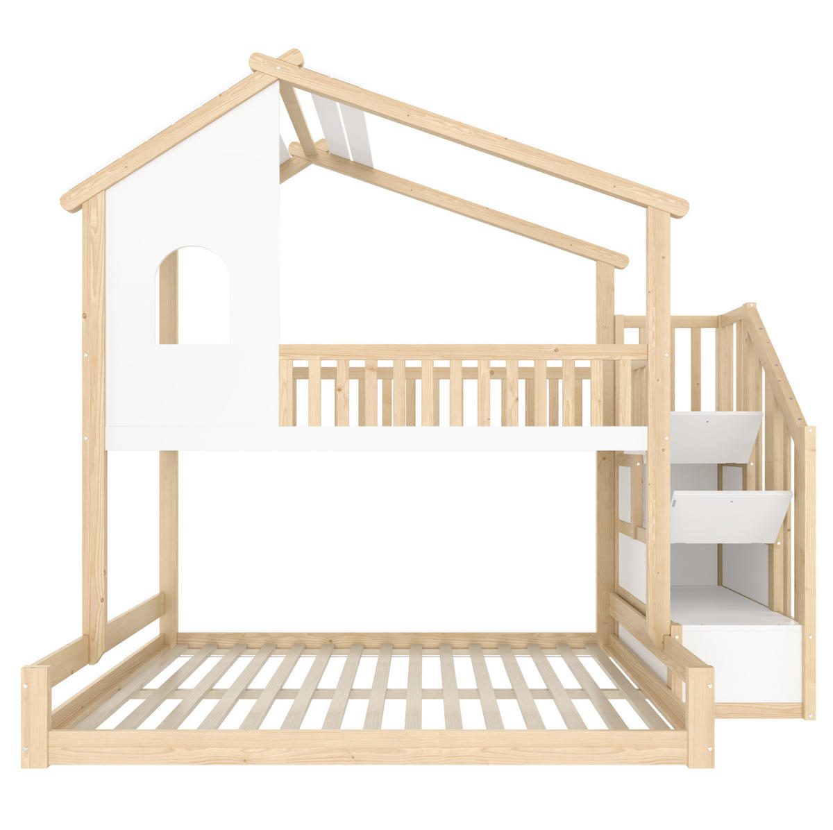 ETAGENBETT 90/200 cm + 140/200 cm in Natur/Weiß mit Stauraumleiter - Naturfarben, Holzwerkstoff (90/200cm) - OKMYHOME