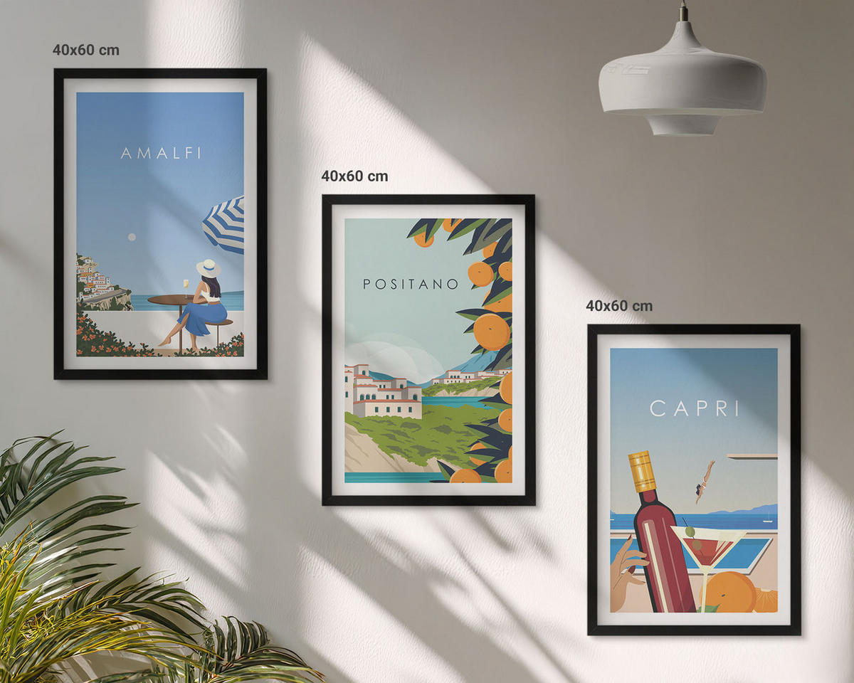 BILDER SET 3er Set - 40x60 cm Schwarzer Rahmen - Amalfi, Positano und Capri - Schwarz, Kunststoff (40/60cm) - TULUP