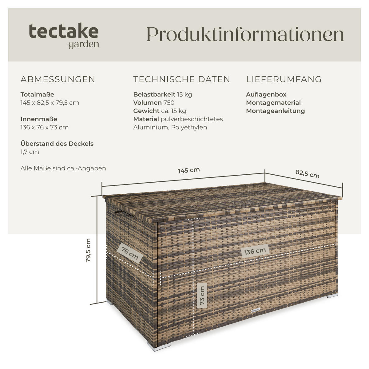 AUFLAGENBOX Oslo,145 x 82,5 x 79,5 cm,natur - Naturfarben, Kunststoff (82.5/79.5/145cm) - tectake