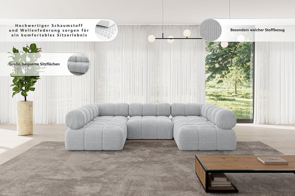 WOHNLANDSCHAFT modulares Sofa Garvo-U1 - 285x190x70 cm Grün Cord - Grün, Holzwerkstoff/Textil (285/70/190cm) - ALTDECOR