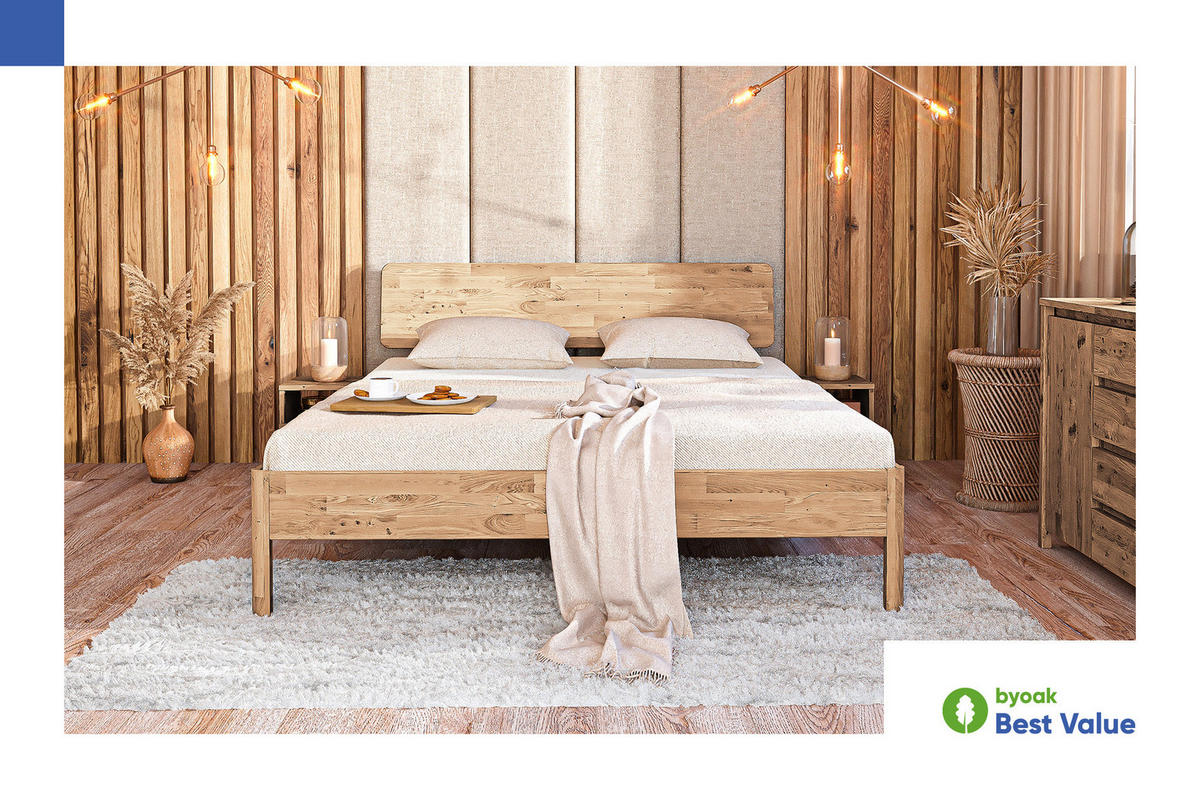 MASSIVHOLZBETT PENNY 200x200 MIT HOLZKOPFTEIL Wildeiche - Wildeiche, Holz (200/200cm) - byoak