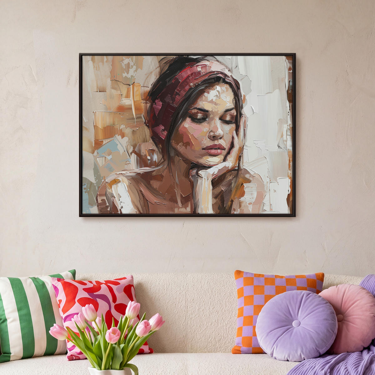 LEINWAND Bilder mit Rahmen - Frau - Lackierung - Porträt - Modern - 70x50 - Altrosa, Textil (70/50cm) - MuchoWow