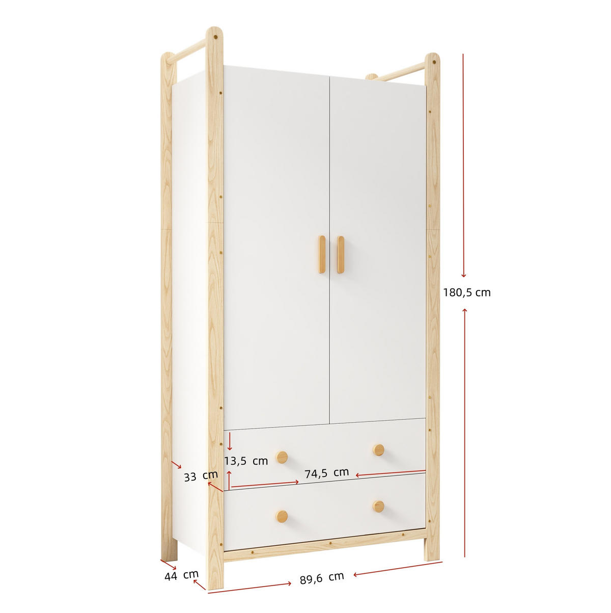 KLEIDERSCHRANK aus Spanplatte & Kiefer, Kleiderstange & 2 Schubladen, 89,6/44/180,5 cm, Weiß/Natur - Weiß, Holzwerkstoff (89.6/180.5/44cm) - Redom