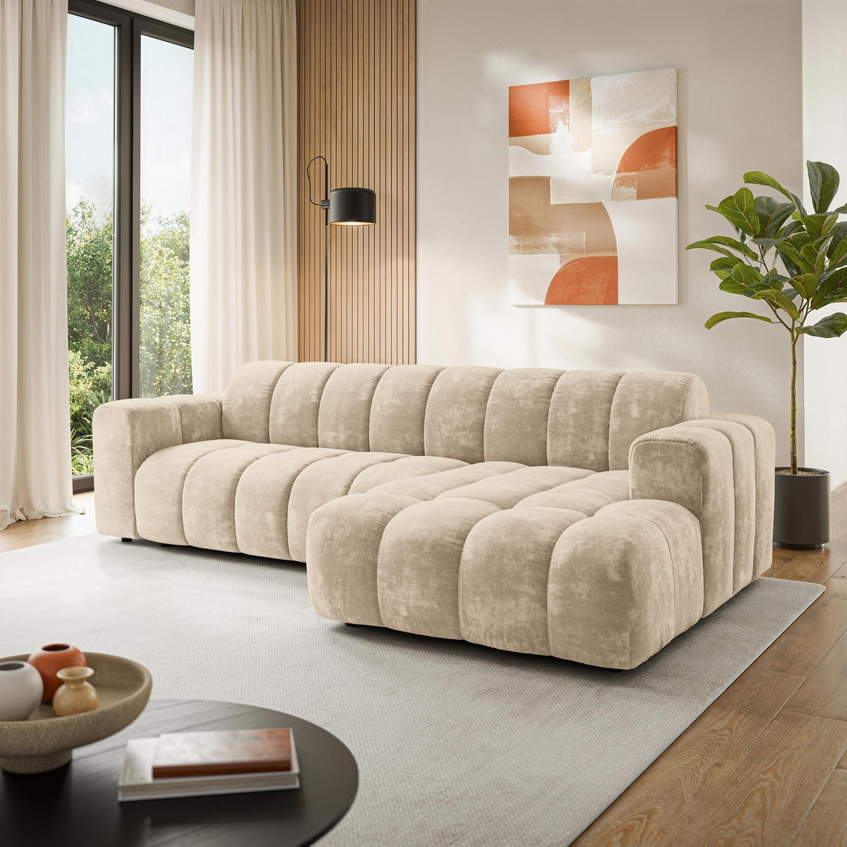 ROHOVÁ Sedačka SETIA LUMO 55, Krémová - černá/krémová, dřevo/textil (304/165cm) - MASSENO