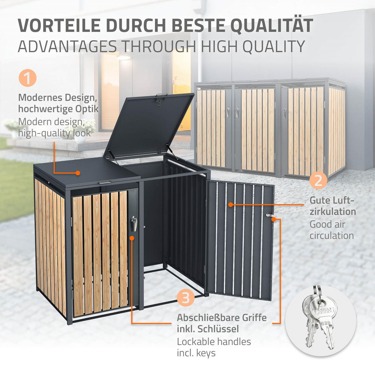 MÜLLTONNENBOX 3er Anthrazit-Lärchenoptik - Naturfarben, Metall (80/116.3/200cm) - ML-DESIGN