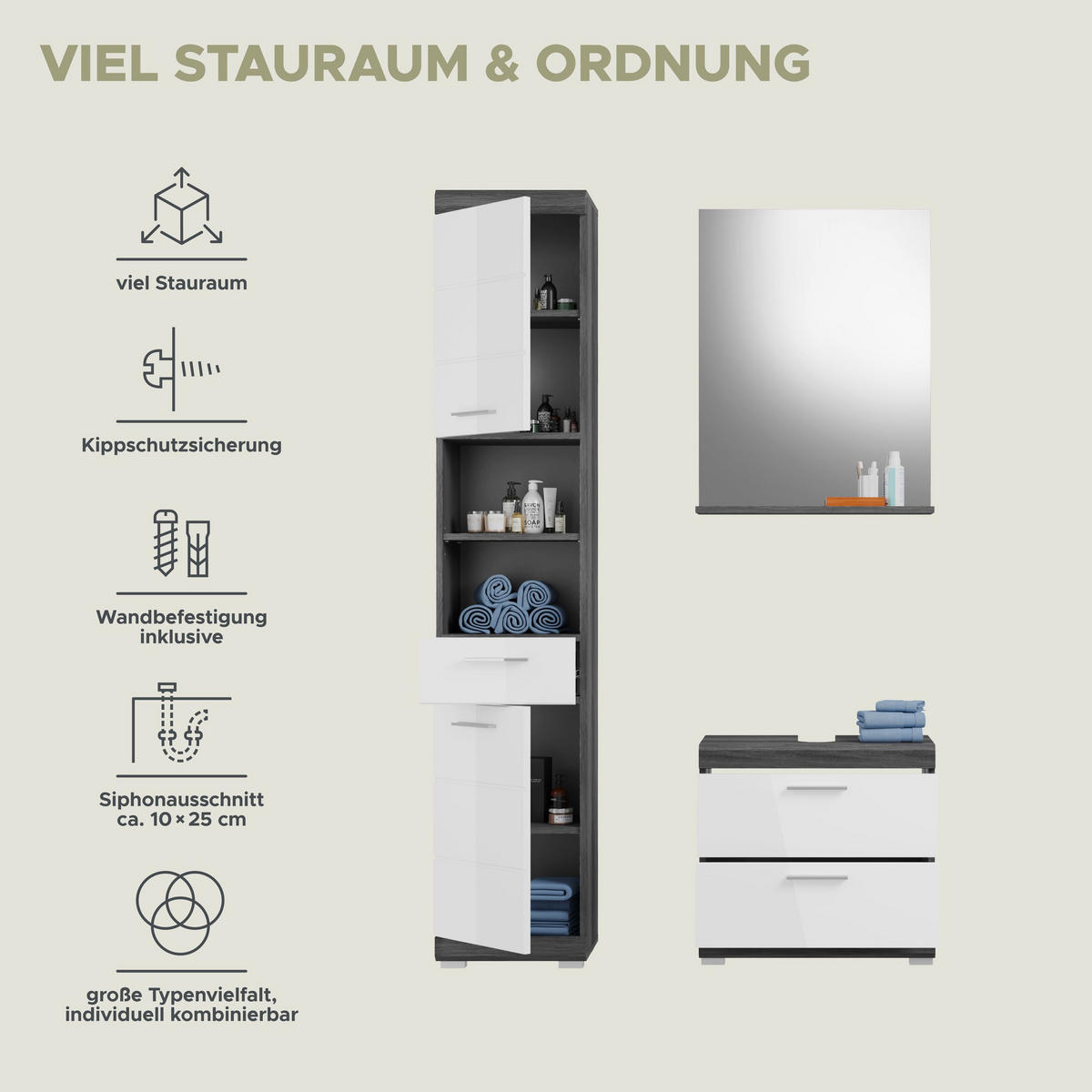 BADKOMBINATION 3tlg. Scout Bad in Rauchsilber Nachbildung und weiß hochglanz B/H/T: 112x191x34 cm - Anthrazit, Holz (112/191/37cm)