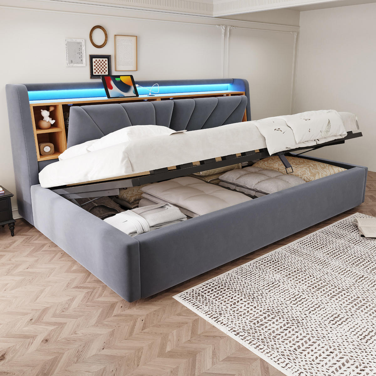 POLSTERBETT 90*200 cm mit LED, USB und Stauraum, Dunkelgrau - Grau, Textil (90/200cm) - FLIEKS
