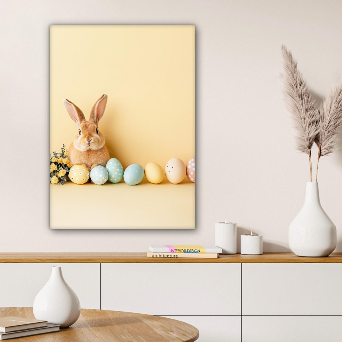 LEINWANDBILD Eier - Kaninchen - Pastellfarbtöne Wandbild Wohnzimmer 60x80 cm - Hellgelb, Textil (60/80cm) - MuchoWow