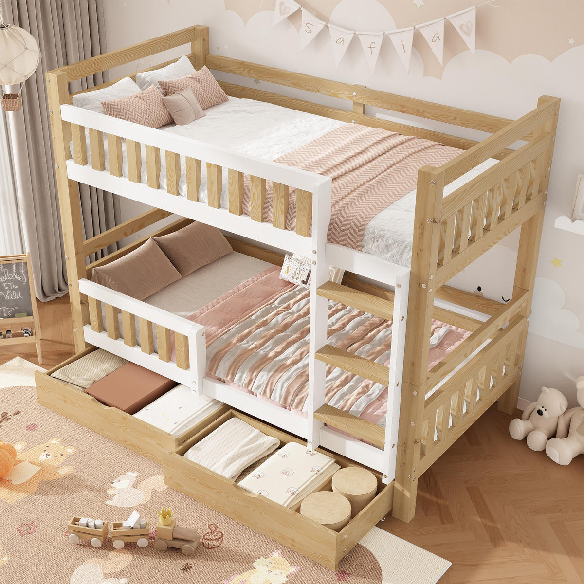 ETAGENBETT 90/200 cm teilbar in 2 Einzelbetten, DE-41774, in Natur - Naturfarben, Holzwerkstoff (90/200cm) - ComfortXL