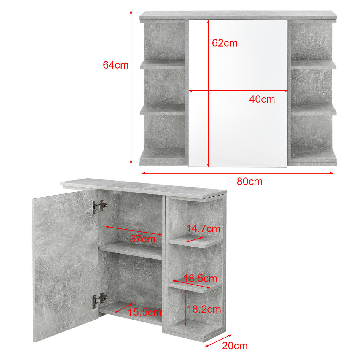SPIEGELSCHRANK Harstad - Grau, Holzwerkstoff (80/64/20cm) - [en.casa]