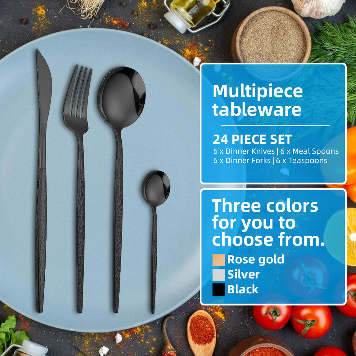 BESTECK-SET, 24 Stück, 6 Pers., rostfrei - Schwarz, Metall