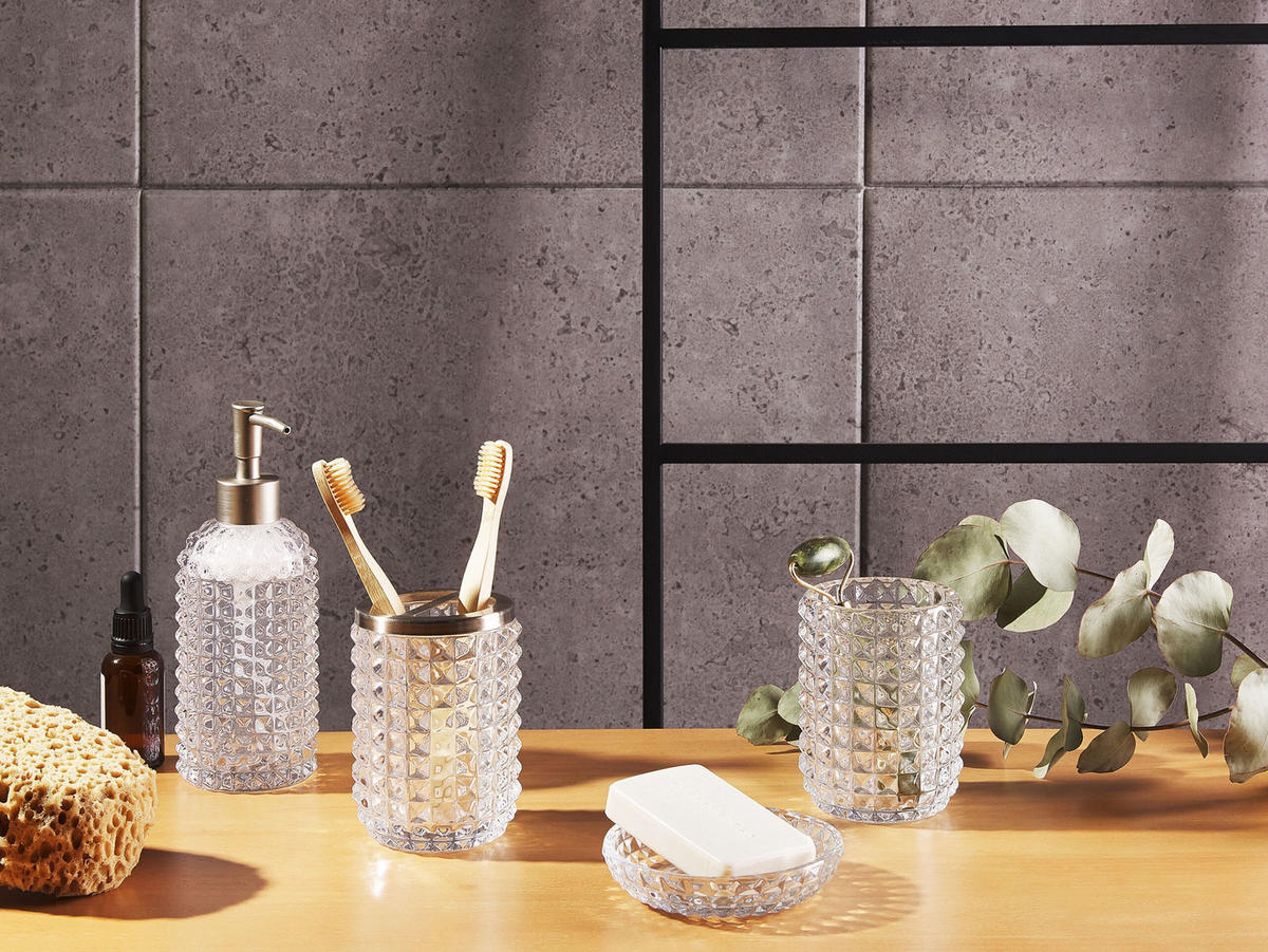 BADEZIMMER Set 4-teilig Glas transparent Tapia - Transparent/Silberfarben, Glas (11/20/9cm) - Beliani