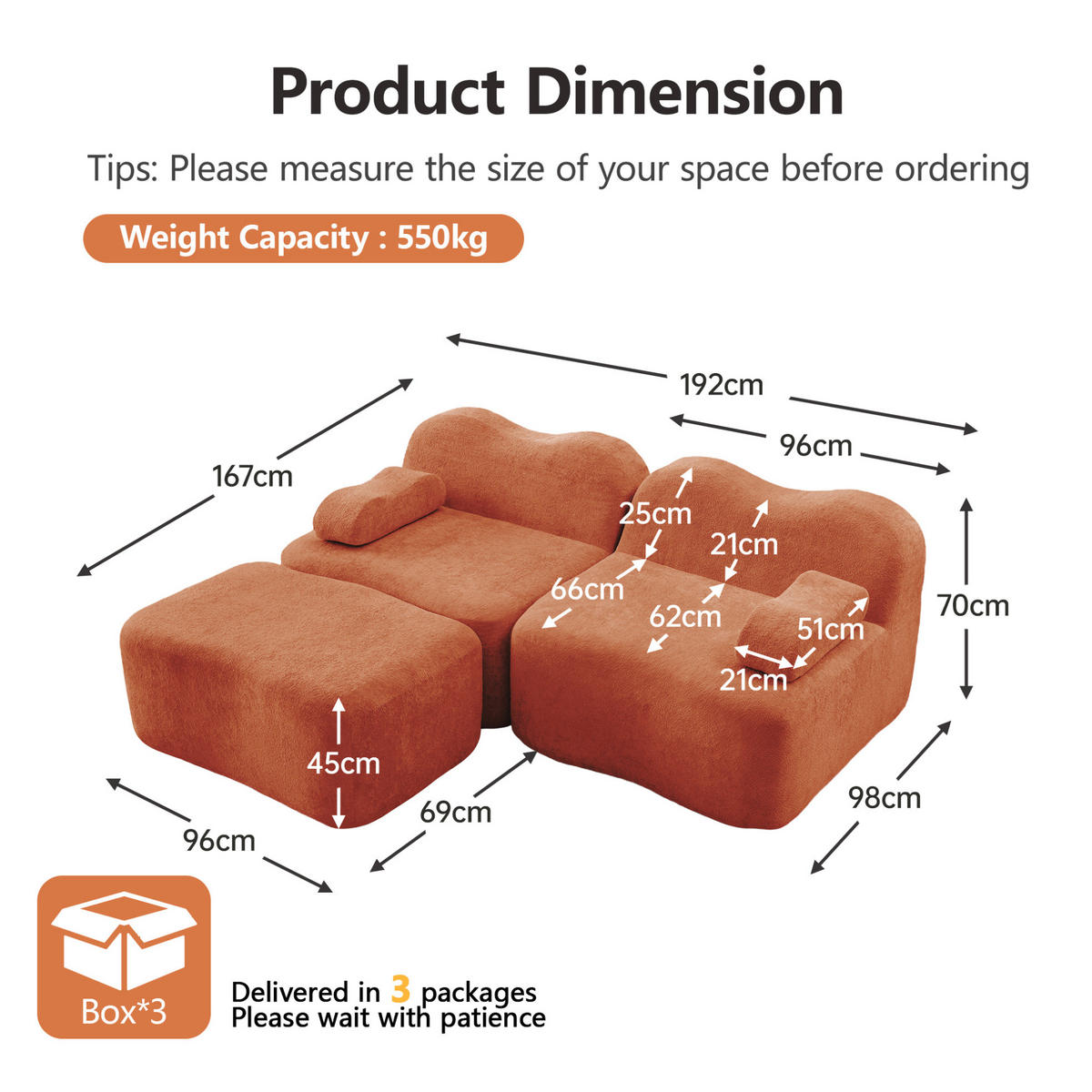 ECKSOFA 192/167/70 cm Orange aus Samt mit Ottomanen und modularem Design - Orange, Textil (167/192cm) - OKWISH