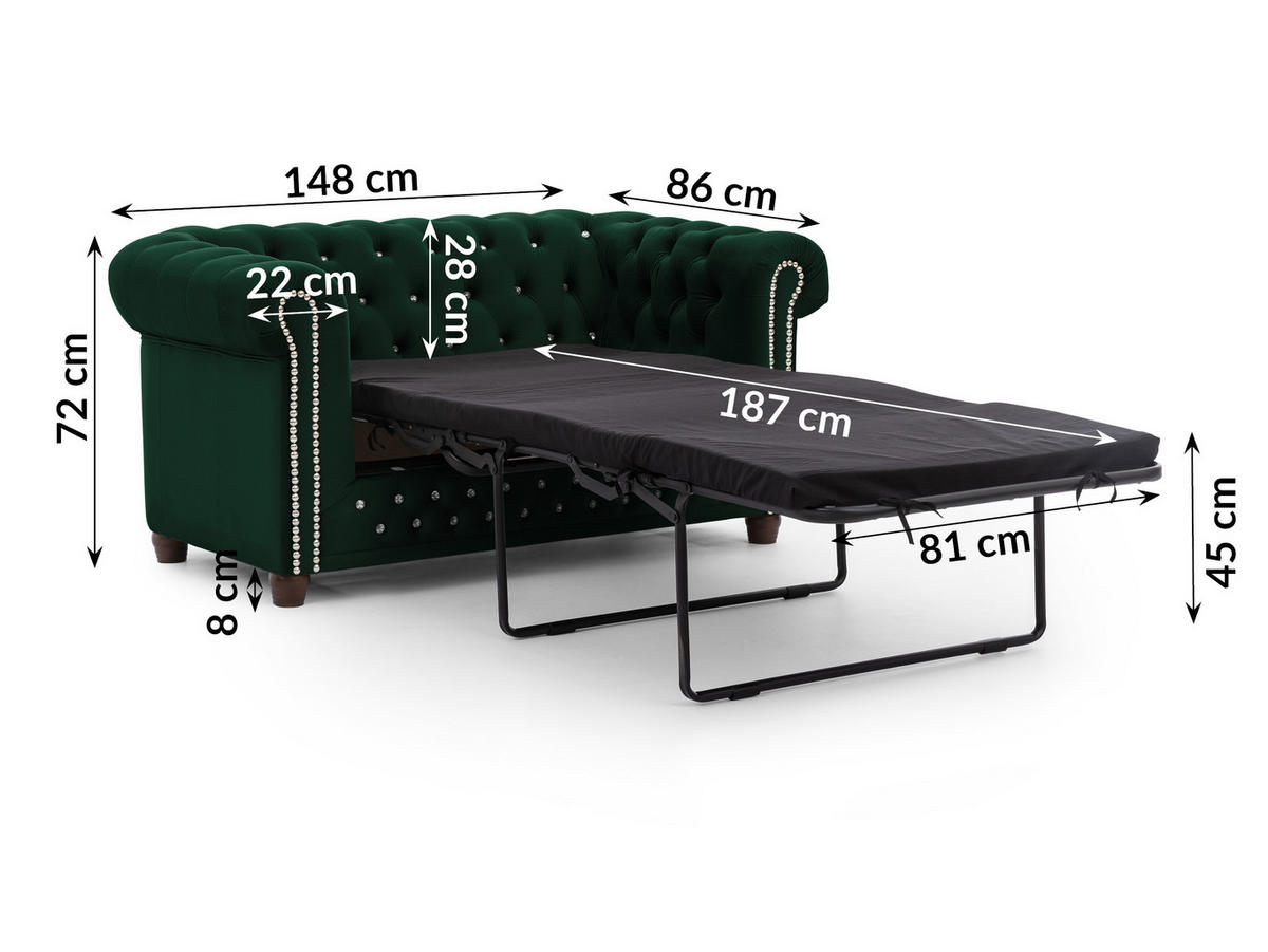 CHESTERFIELD-SOFA 2-Sitzer mit Schlaffunktion Cleo Blink Flasche Grün Samt mit Kristallsteppung und braunen Massivholzfüßen - Braun/Grün, Holz/Textil (148/72/86cm) - S-Style Möbel