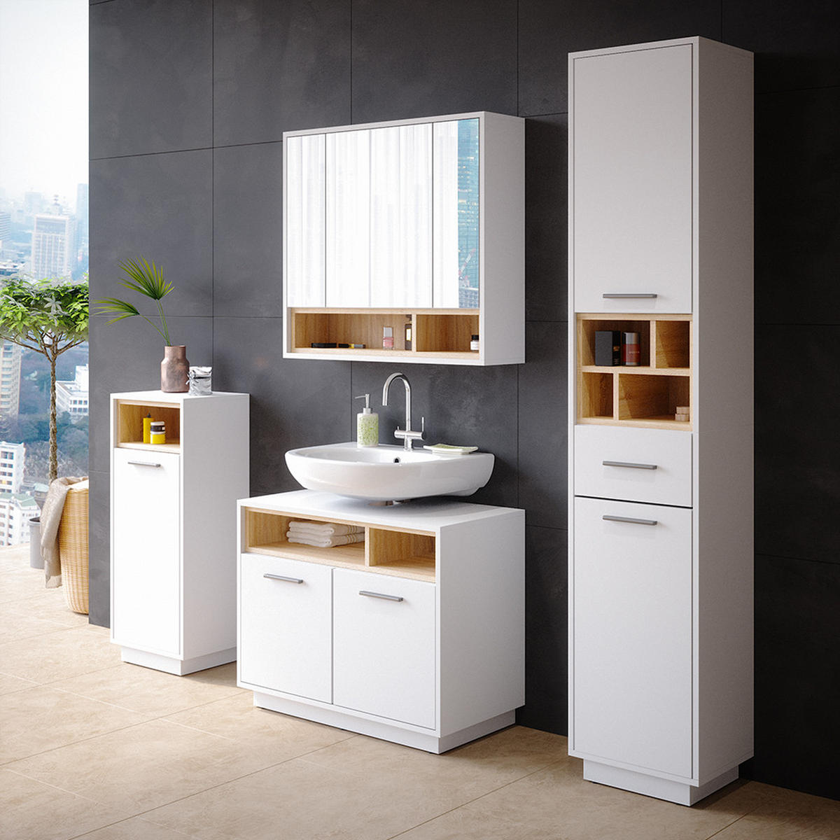 BADMÖBEL-SET Beatrice Weiß 4 Teile - Weiß/Sonoma Eiche, Holzwerkstoff (80/64/40cm) - Vicco