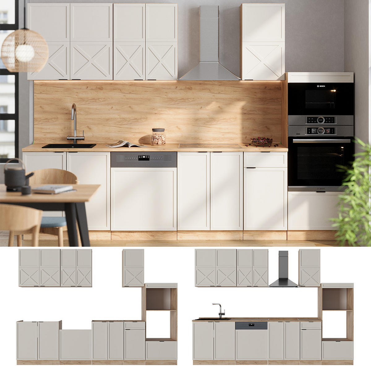 KÜCHENZEILE Fame-Line GrauBeige/Goldkraft Eiche 300 cm mit Hochschrank ohne AP - Honigeiche/Grau, Holzwerkstoff (300/81.6/46cm) - Vicco