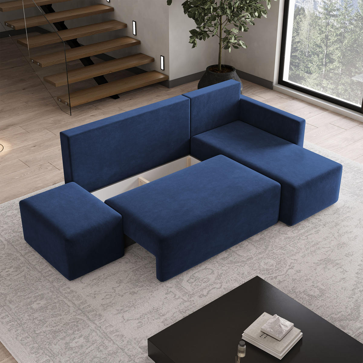 ECKSOFA VELOTTI R-S Blau Plüsch-Stoff mit Schlaffunktion - Blau, Holz (261/143cm) - MASSENO