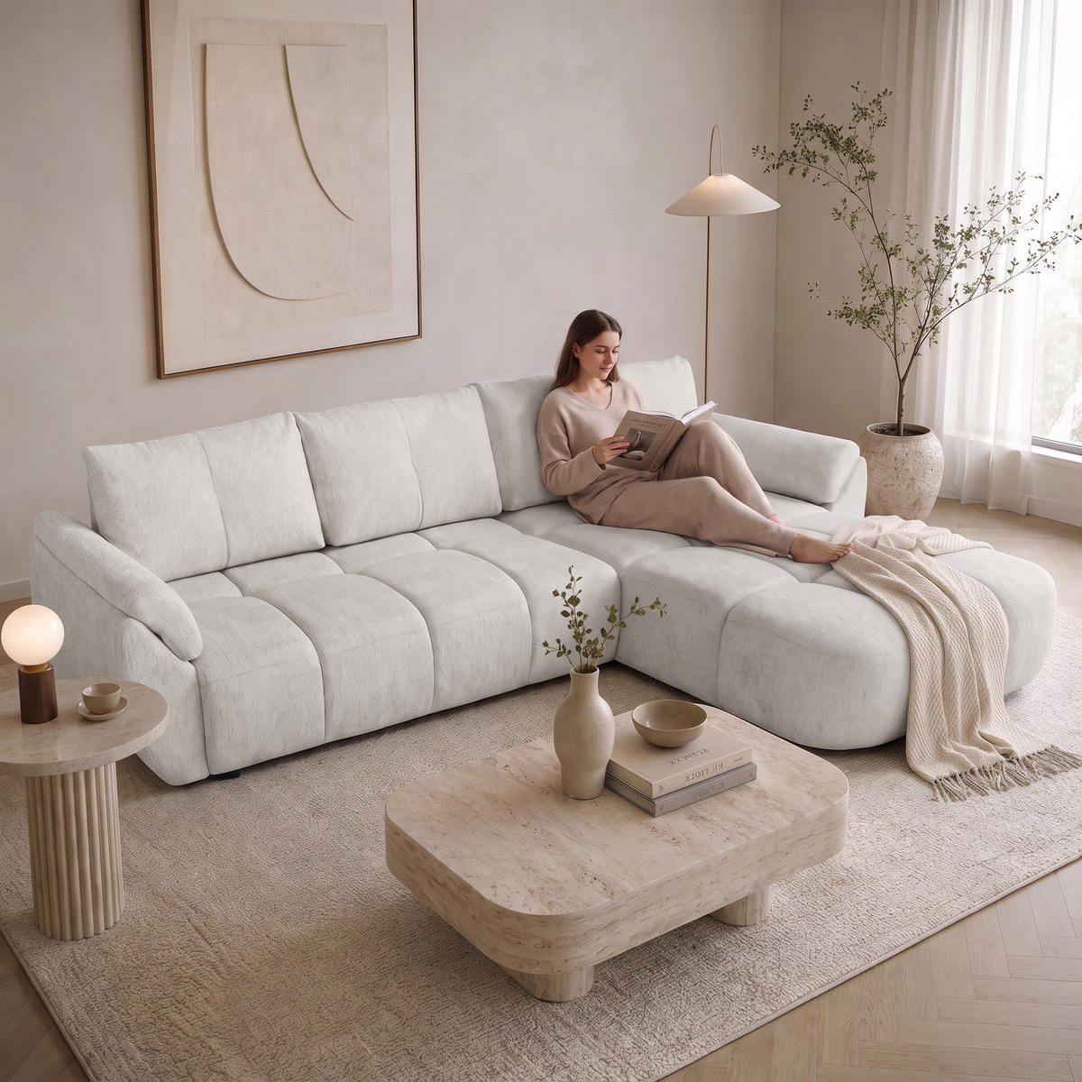 ECKSOFA Massimo, universelle Eckschlafsofa 280 cm mit Schlaffunktion und Bettkasten, Creme - Creme, Textil (283/204cm) - Beautysofa
