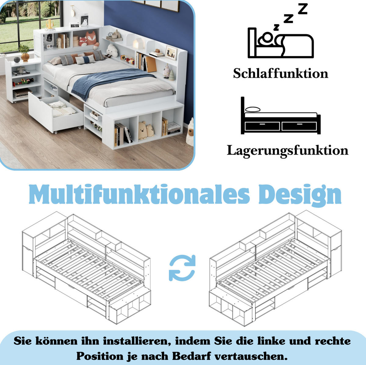 KINDERBETT 90/200 cm in Weiß mit Stauraum und Lattenrost - Weiß, Holzwerkstoff (90/200cm) - Flora Grace