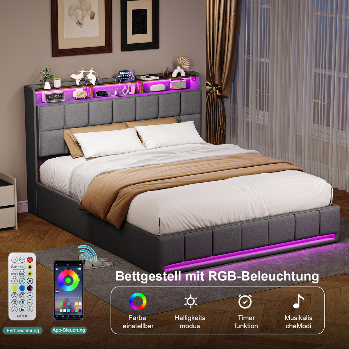 POLSTERBETT 160x200 cm LED USB C Hydraulik Stauraum Metall grau - Grau, Holz (160/200cm) - LEBENLANG